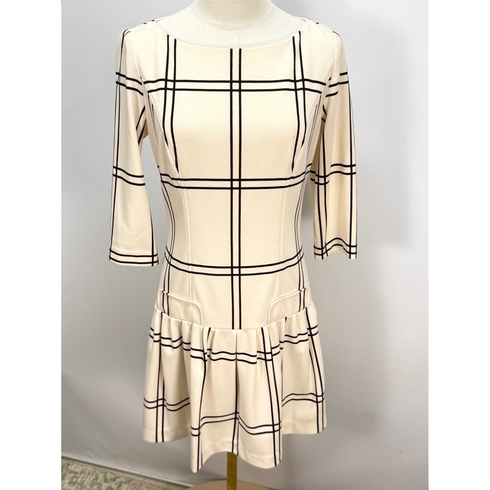 RED Saks Fifth Avenue Cream Black Windowpane Plaid Drop Waist Pleated Dress Sz 4